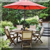 L01. Kingsley Bate round teak table with 6 chairs. Table: 60”w 